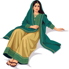 a woman sitting on the floor with her legs crossed and wearing green sari