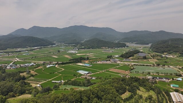 A bird's eye view of rural farmland and villages taken on July 3, 2025 in Geumho-ri, Haepyeong-myeon, Gumi-si, Korea.