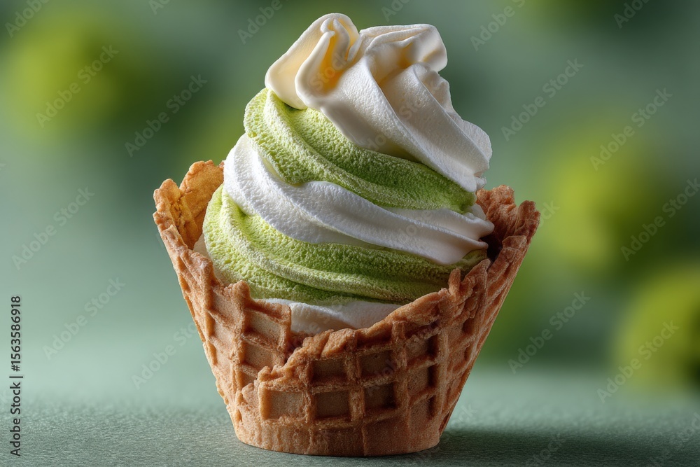 Poster delicious soft serve ice cream topped with green matcha and creamy vanilla swirls served in a crispy