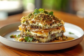 Delicious Layered Dessert with Cream and Pistachios on Plate