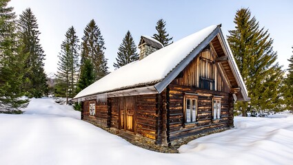 Cozy wooden cabin nestled in a snowy forest with icicles hanging from the roof