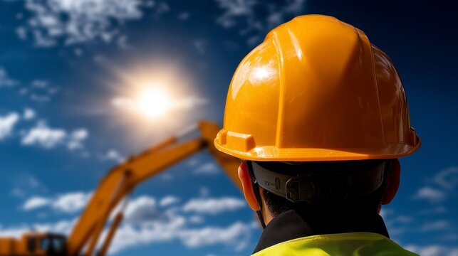 Engineer in high vis gear helmet watching over highway development machinery operating progress being made blue sky backdrop behind view. Highway construction oversight a safety
