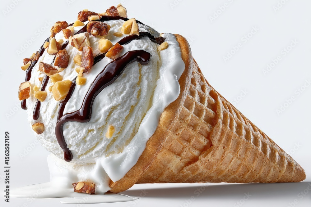 Leinwandbilder delicious vanilla ice cream cone with chocolate syrup and mixed nuts in a crispy waffle cone on a wh