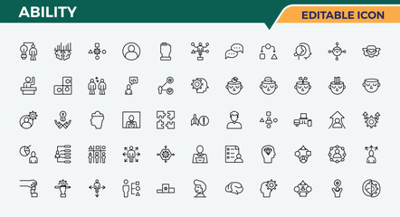 Ability vector line icon set. Minimalist linear icons. Contains such symbols as communication, knowledge, talent, creativity. Editable stroke. Vector collection. Ability simple icon set.