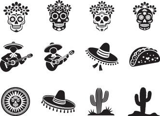 Mexico Icons of Sugar Skull Sombrero Guitar Taco Cactus and Sun for Day of the Dead and Fiesta Culture