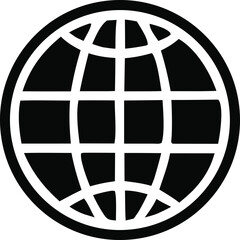 A stark black and white graphic representation of a stylized globe with intersecting grid lines symbolizing global connectivity and international reach