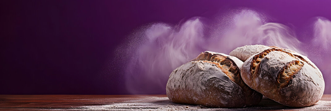 An artisan baker shapes loaves of bread on a flour-dusted wooden table wide banner - purple background