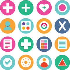 Collection of colorful circular icons featuring medical symbols user profiles and abstract designs on a white background