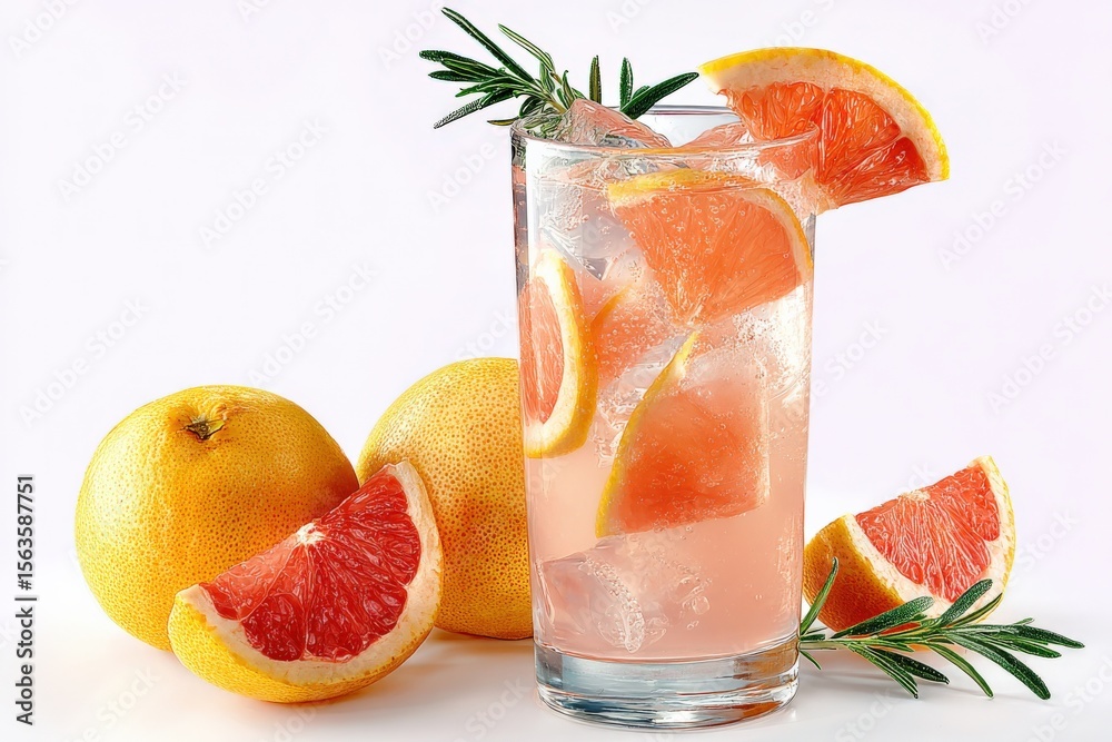 Poster refreshing grapefruit and lemonade cocktail with ice and pine garnish in a clear glass on white back
