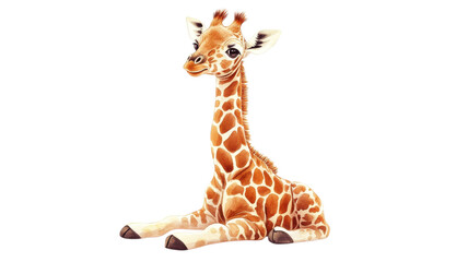 Playful young giraffe lounging in a sunlit savannah, showcasing its distinctive spots and adorable features in a serene setting on transparent background