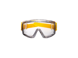 Clear safety goggles with yellow frame water drops, Isolated On Transparent Background, Png Cut Out