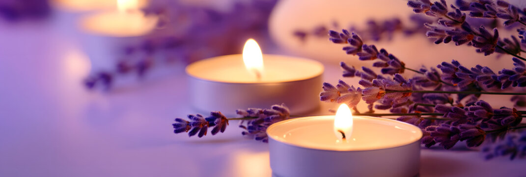 a candlelit room where essential oils have been used for a relaxing bath wide banner - purple background