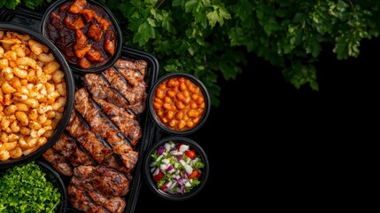 Fototapeta premium Community potluck table with various dishes. A delightful gathering featuring a wide array of culinary creations shared among friendly neighbors.