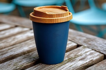 Sophisticated blue coffee cup with bamboo on table  
