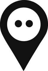 Stylized black and white location pin icon featuring a simple face with two dots for eyes and a circular outline