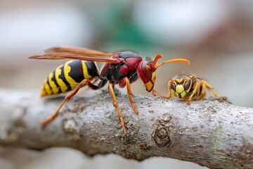 Close-up of a wasp and a yellow bee working together on a tree branch du daytime, detailed macro shot showing colorful insects and textured surface