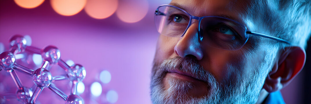 scientist in a laboratory analyzing the molecular structure of natural hydrogen wide banner - purple background