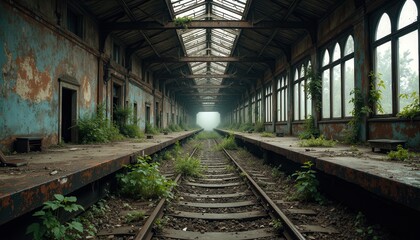Naklejka premium Abandoned train station with overgrown vegetation amidst atmospheric decay
