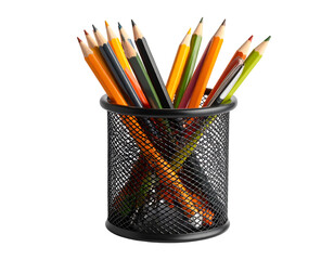 Metal mesh pencil cup filled with colored pencils isolated on white or transparent png
