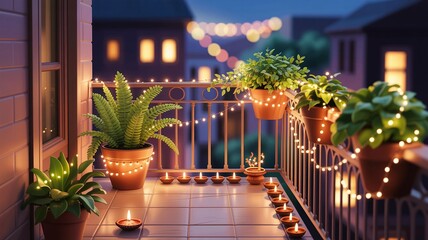 Diwali, Serene Nighttime Balcony with Plants and Diyas