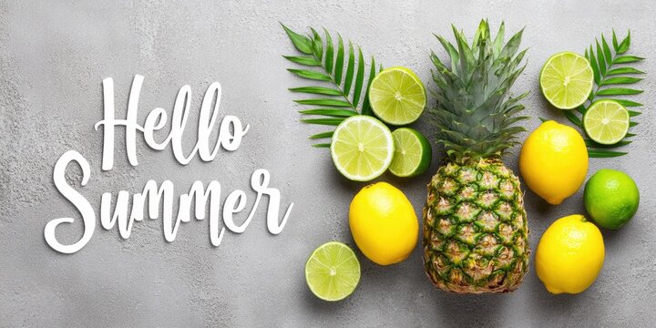 Flat Lay Summer Fruits with Hello Summer Text
