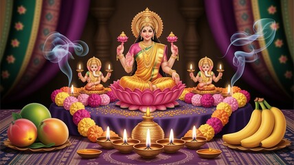 Obraz premium Diwali, Colorful Hindu Goddess Lakshmi with Ganesha, Fruits, and Candles