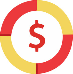 A stylized circular diagram with red and yellow segments featuring a prominent red dollar sign at its center on a white background