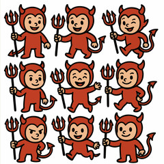Cute devil kids holding pitchforks