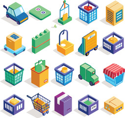 Collection of isometric shopping and delivery icons including cars carts boxes and store fronts for e commerce and logistics