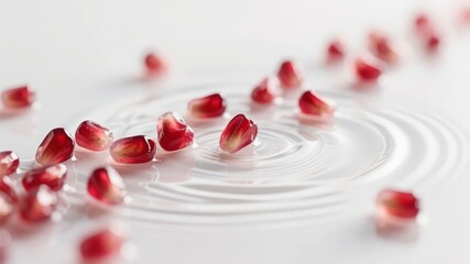Pomegranate seeds scattered on a surface with concentric ripples, creating a serene and artistic composition.