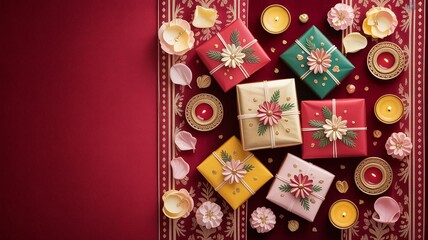 Diwali, Festive Gift Boxes with Candles and Floral Decorations on Red Background