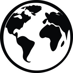 Stylized black and white graphic representation of planet earth showing continents and oceans within a circular border