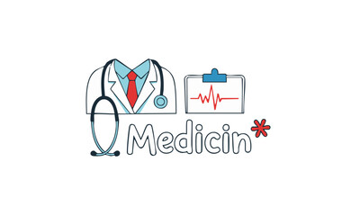 Doctor’s Coat with Stethoscope and Clipboard Showing Heartbeat on Blue Background, Medical Logo with Text “Medicin*”