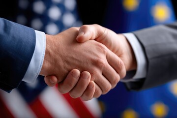 Business Handshake with USA and EU Flags