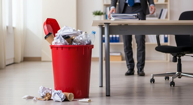 Overwhelmed office worker leaves behind a messy, overflowing trash can filled with crumpled papers, disposable cups, and plastic bottles.