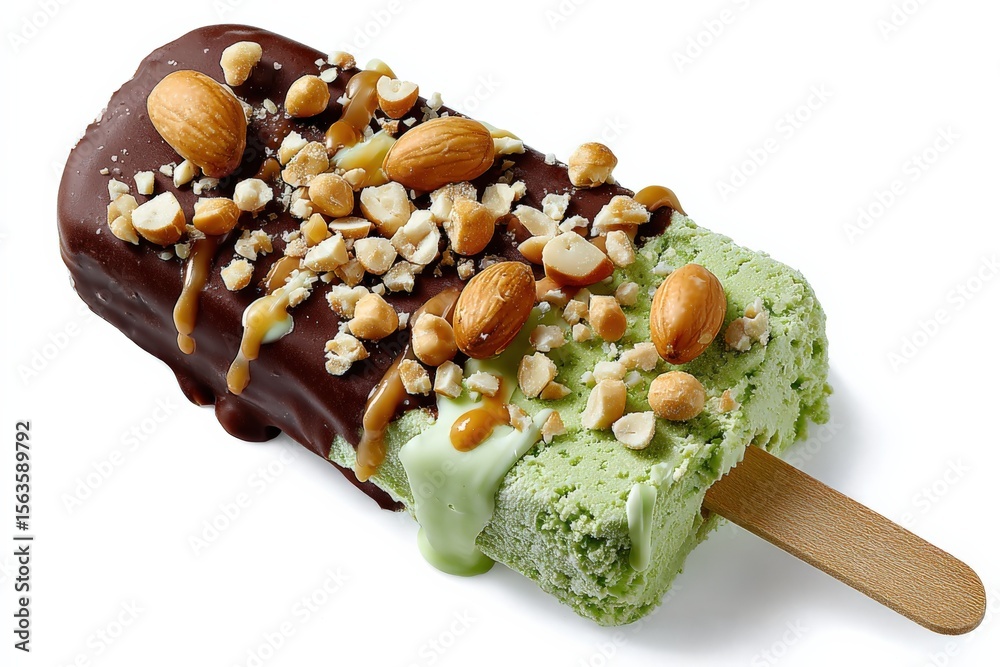 Poster delicious homemade ice cream bar coated with chocolate and nuts with creamy green layer on a wooden 