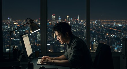 Night City Lights Illuminate Focused Programmer Working Late