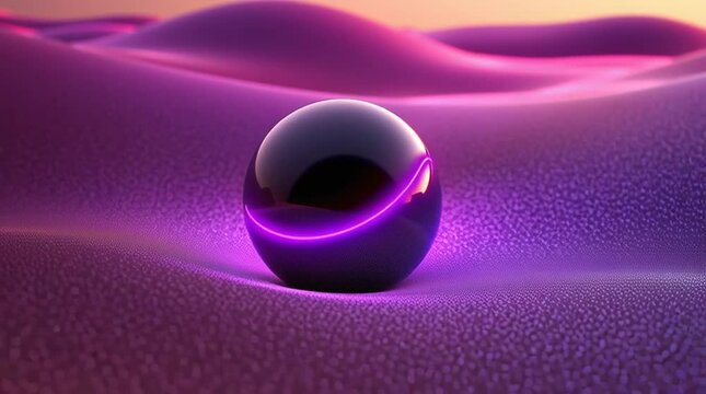 Glossy neon sphere rolling over purple fabric surface