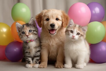 Adorable puppy and two kittens sitting among colorful balloons celebrating a joyful occasion indoors with cheerful atmosphere