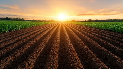 Wide open farmland with contrasting lines of plowed earth and green vegetation beautiful geometric patterns under a soft sunset. Serene agricultural landscape striking color contrast