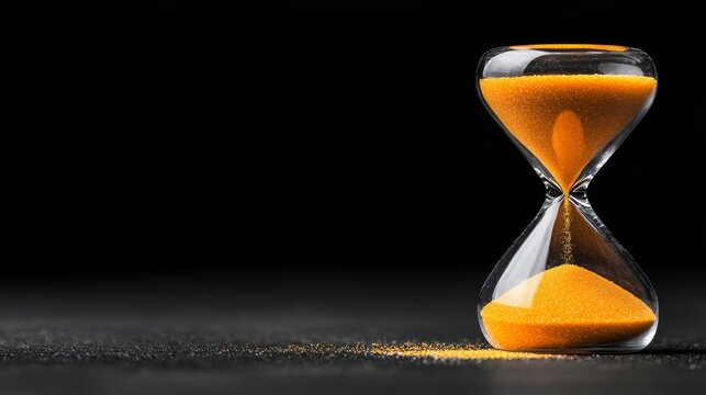 Time running out represented by yellow sand in an hourglass isolated against an empty black backdrop visualizing the countdown and approaching deadline with clarity. Urgent deadline