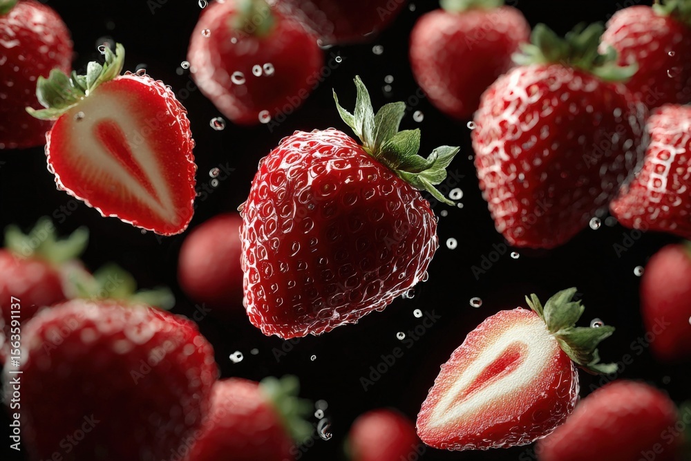 Aufkleber close-up of fresh juicy strawberries with water drop highlights on black background in high resoluti