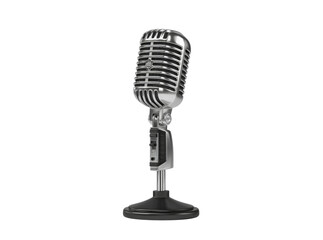 Vintage silver microphone on stand isolated black background, Isolated On Transparent Background, Png Cut Out