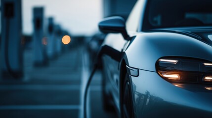 Naklejka premium Close-up view of an electric car charging at a modern charging station