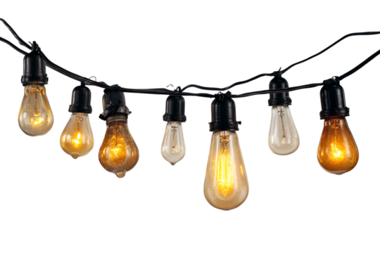String of vintage Edison light bulbs glowing.