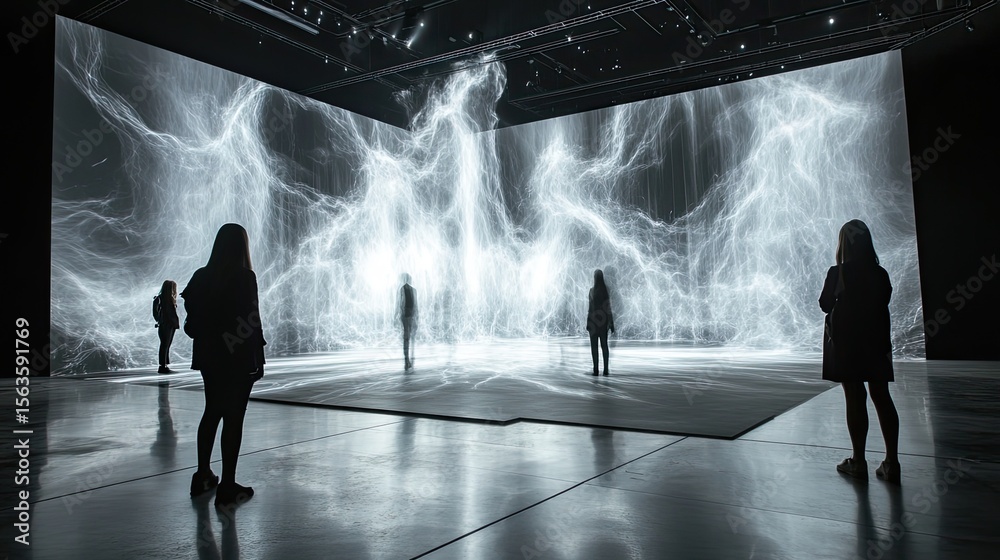 Poster Digital art installation in modern art museum, abstract animations reacting to visitors' movements.