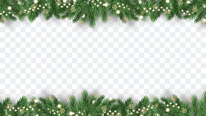 Merry Christmas and Happy New Year greeting card vector poster. Christmas elegant invitation template. Christmas and Happy New Year decoration border with fir branches background.