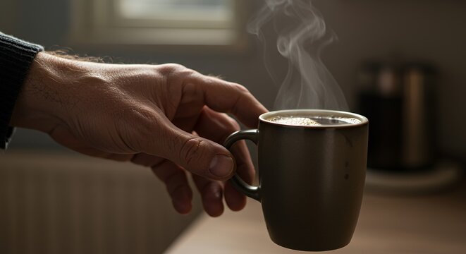 Warm morning coffee steam rises from a dark mug held gently in a man's hand.