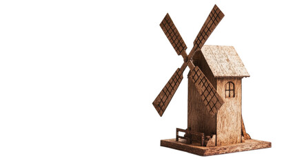 Miniature wooden windmill captures rustic charm, inviting imagination of serene countryside scenes and artisanal craftsmanship in a cozy indoor setting on transparent background