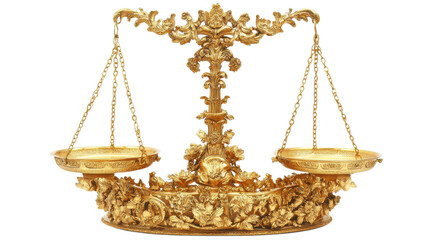 Elegant vintage golden balance scale adorned with intricate floral designs, symbolizing justice and measure on transparent background